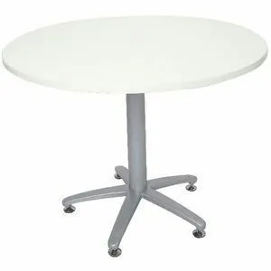 Mesa circular con tablero en melamine con base en tubo redondo y base metalica.