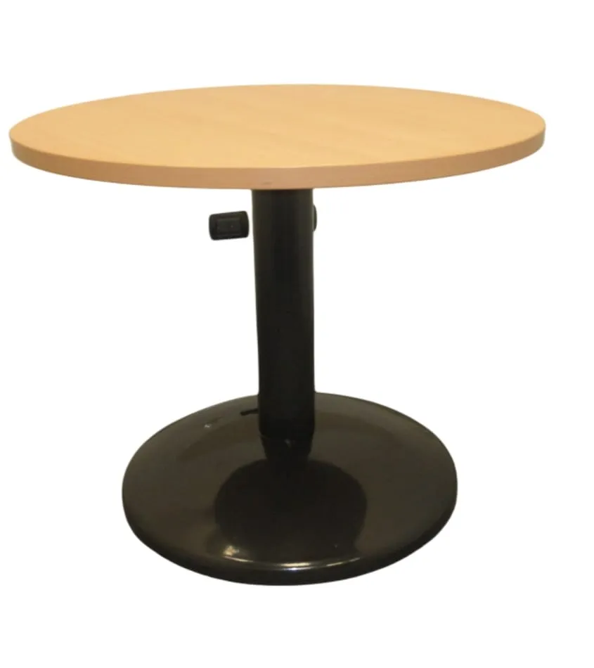 Mesa circular con tablero en melamine con base en tubo redondo y base redonda en plancha metalica.