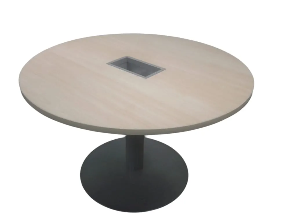 Mesa circular con tablero en melamine con base en tubo redondo y base redonda en plancha metalica.